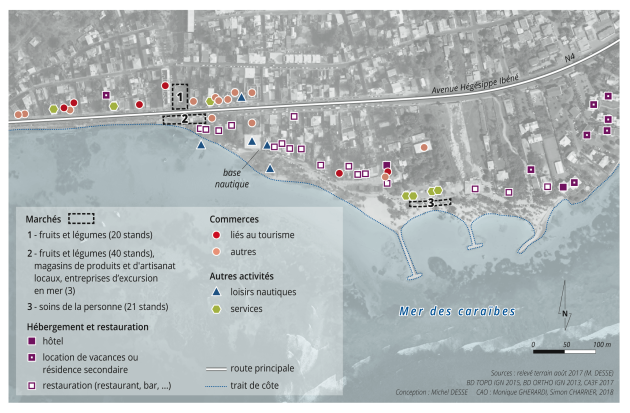 Cartes d'une ville guadeloupéenne regroupant les localisations des marchés, des commerces et différents hébergements et restaurants le long du littoral.