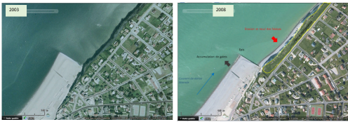 Image satellite de Criel-sur-Mer en 2003 avec le trait de côte et des habitations en front de mer / Image satellite de Criel-sur-Mer en 2008 avec un recul du trait de côte provoqué par l'érosion et une disparition des habitations situées en front de mer.