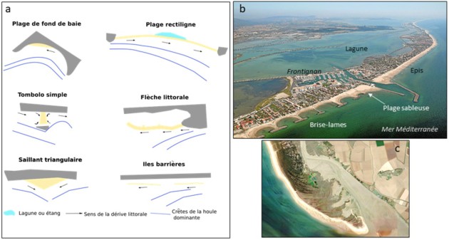 A) 6 typologies de plage : la plage de fond de baie en C ; La plage rectiligne ; Tombolo simple ; Flèche littorale ; Saillant triangulaire ; îles barrières | B) Une carte satellite de la ville de Frontignan, avec la plage sableuse et les brises-lames, la lagune. | C) Image satellite de l'estuaire du Lay à La Faute-sur-Mer