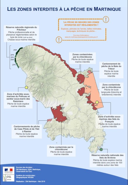 Carte de la Martinique avec les zone rouges interdites &agrave; la p&ecirc;che parce que contamin&eacute;es &agrave; la chlord&eacute;cone ou zone d'activit&eacute; sous-marine ou r&eacute;serve naturelle.