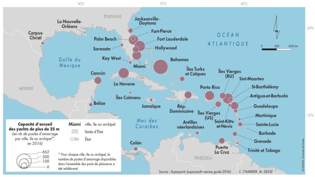 Les capacités d'accueil sont importantes dans les Bahamas, Palm Beach, Hollywood, Miami, La Havane et Sint-Maarten