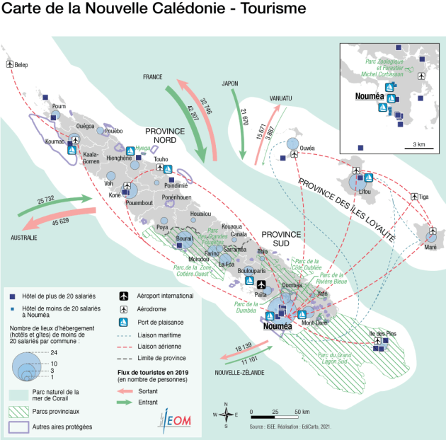 Carte présentant les liaisons aériennes entre différents points de l'archipel. Noumé regroupe l'ensemble des liaisons et possède le plus d'hébergement. Vient ensuite Lifou et Bourail. Cela représente en 2019 un flux touristique de 42207 personnes depuis la France, 21670 depuis le Japon, 25732 depuis l'Australie et 18139 depuis la Nouvelle-Zélande. Nous constatons que les départs vers la France, le Japon et la Nouvelle-Zélande sont moindre que les arrivées, la différence se retrouve sur les sorties vers l'Australie qui est plus forte que les arrivées.