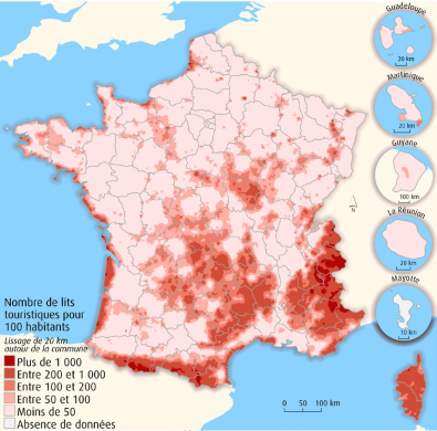 La concentration du nombre de lits touristiques pour 100 habitants est forte sur les régions Nouvelle-Aquitaine, Occitanie, Auvergne Rhône-Alpes, Provence-Alpes-Côte d'Azur, Corse