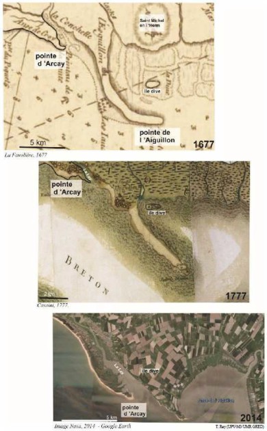 3 photos : En premier une carte de La Favolière en 1677 représentant la pointe de l'Aiguillon bien dessinée et courbe, l'île dive est dans la courbe. En second une carte de Cassini en 1777, représentant la pointe plus courte et droite, l'île dive est au début de la formation. La troisième est une vue satellitaire ou la pointe n'est plus un trait arrondis mais plein, l'île dive étant au milieu des terres.