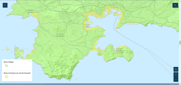 En jaune sont surligné les zones à évacuer dans le port de Toulon. Beaucoup de quais et de quartiers côtiers.