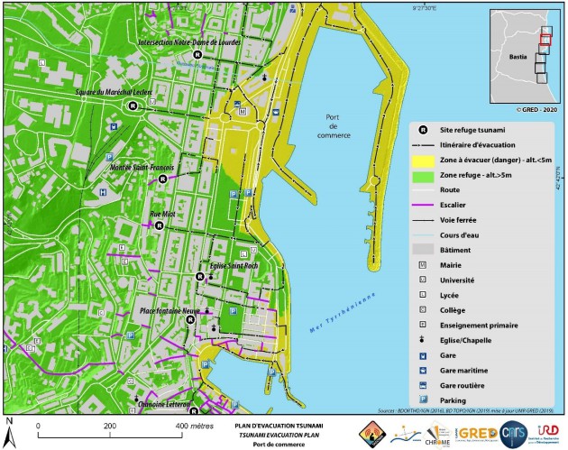 Plan du port de commerce de Bastia, en jaune tout les quais du ports sont à évacuer. En vers les zones refuge l'arrière de la ville, sont tracés les itinéraires fléchés d'accès d'une zone à l'autre.
