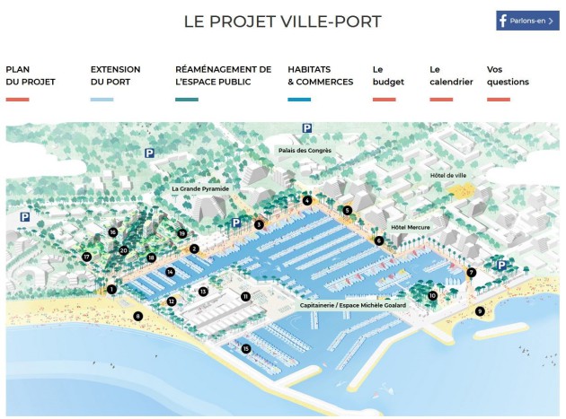 Le projet Ville-port de la Grande Motte sous forme de schéma. Au centre de l'image, nous retrouvons le port avec différentes informations, puis se dessine autour de lui, la configuration de la ville grâce à la mise en avant des différents monuments de cette agglomération. Par exemple : L'hôtel de Ville, La grande pyramide, la Capitainerie, L'hôtel Mercure...