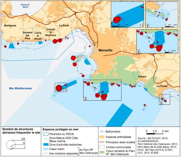 Carte du parc national des Calanques indiquant la fréquentation des sites par les structures d'encadrement de plongée sous-marine.