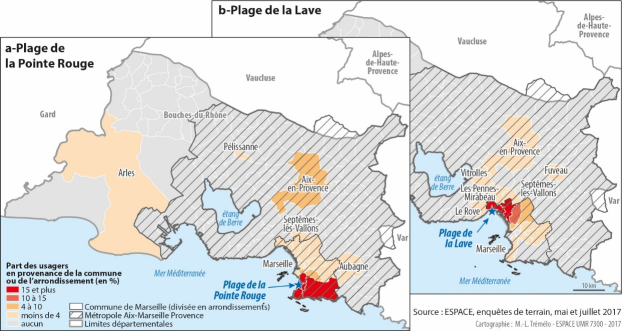 Cartes de la Métropole Aix-Marseille Provence et départements voisins, permettant de voir l'origine des usagers des plages marseillaises. L'origine des usagers de la plage de la Pointe rouge est majoritairement (à + de 15 %) du Sud Est de Marseille, mais également des provenances d'Aix-en-Provence et d'Arles (département voisin). La provenance des usagers de la plage de la Lave est quant à elle très localisée (Nord Ouest de Marseille)