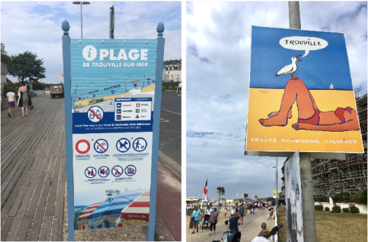 A gauche, Panneau informatif de la plage de Trouville-sur-mer, regroupant le plan de la plage avec les différentes réglementations. A droite, Pancarte décorative et humoristique, affichée dans la rue passante de Trouville-sur-mer.