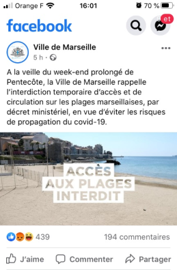 Communication sur le compte Facebook de la ville de Marseille en mai 2020. Le texte de cette publication : "A la veille du week-end prolongé de Pentecôte, la Ville de Marseille rappelle l'interdiction temporaire d'accès et de circulation sur les plages marseillaises, par décret ministériel, en vue d'éviter les risques de propagation du covid-19."