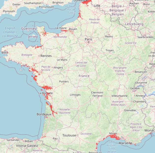 Carte de la France avec des points rouges le long du littoral : Montpellier (Parc Naturel Régional de Camargue), Bordeaux, Rochefort, La Rochelle, Parc naturel régional du Marais poitevin, Challans et la Baie de Bourgneuf, Saint-Nazaire l'Estuaire de la Loire, Guérande, La baie du Mont-Saint-Michel, Carentan et la baie des Veys, Ouistreham, l'Estuaire de la Seine, le Parc régional Baie de Somme Picardie Maritime, Dunkerque,