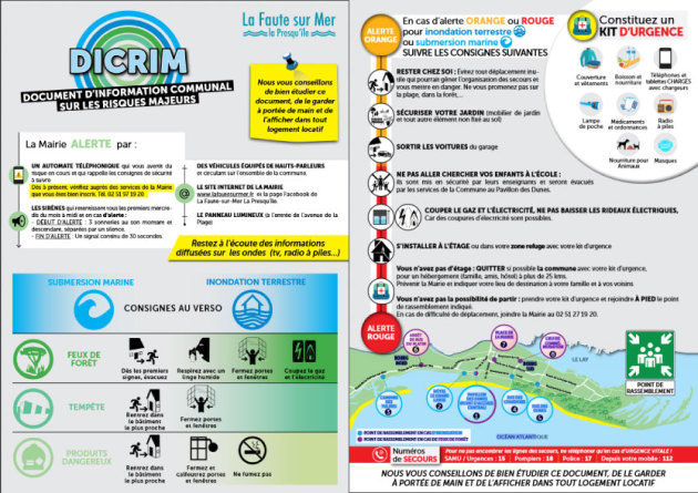 Document d'information distribué par la commune pour informer sur les risques majeurs. Sont présents les consignes, les types de risques et les procédures d'alerte des populations.