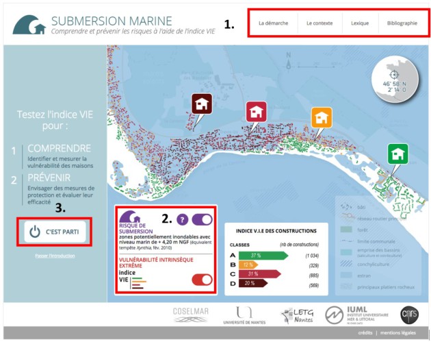 En rouge sont encadré le menu du site internet, le bouton "c'est parti" et l'encart permettant d'interagir sur deux visualisations "Le risque de submersion" et les zones potentiellement inondables avec niveau marin de + 4,20 m NGF (équivalent tempête Xynthia, fév. 2010), et l'indice Vulnérabilité Intrinsèque Extrême (VIE)