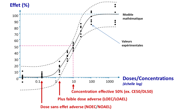 A faible dose, le pourcentage est faible (dose sans effet adverse (NOEC/NOAEL)). La courbe commence à monter à 1log (plus faible dose adverse (LOEC/LOAEL)). A 10log et 50% (concentration effective 50% (ex.CE50/DL50)).