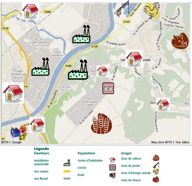 Positionner les émetteurs, les populations et les usages sur une carte afin de produire une représentation visuel du milieu. 3 catégories, les émetteurs (installation industrielle, axe routier, axe fluvial,...), les populations (centre d'habitation, crèche, école,...), les usages (Zone de culture, zone de pêche, zone d'élevage avicole, zone de chasse,...)